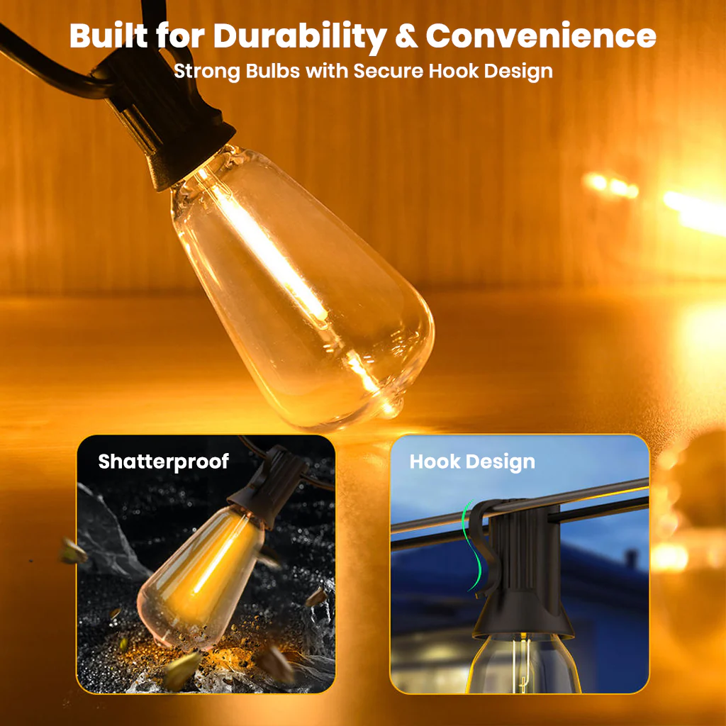 TECPHILE – ST38 50ft Outdoor String Lights Waterproof & Dimmable Bulbs - Image 13