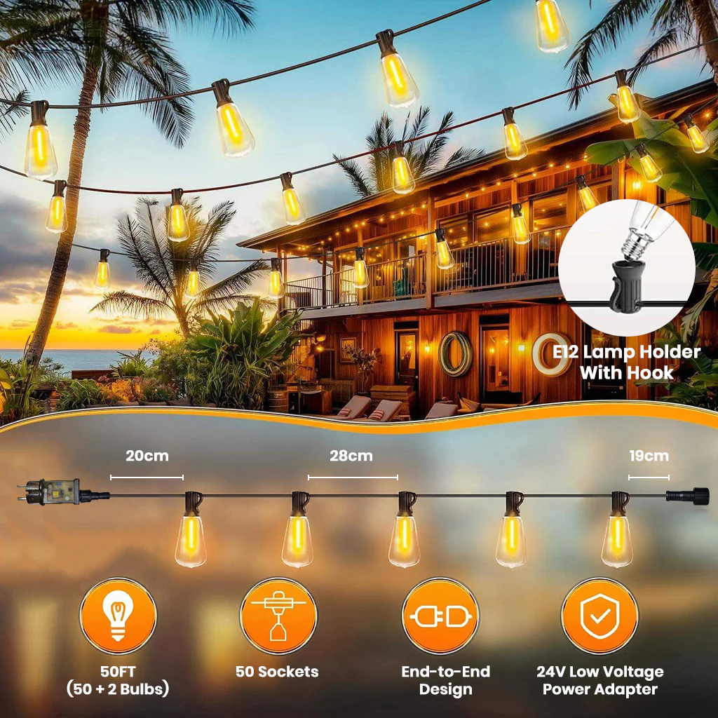 TECPHILE – ST38 50ft Outdoor String Lights Waterproof & Dimmable Bulbs - Image 15