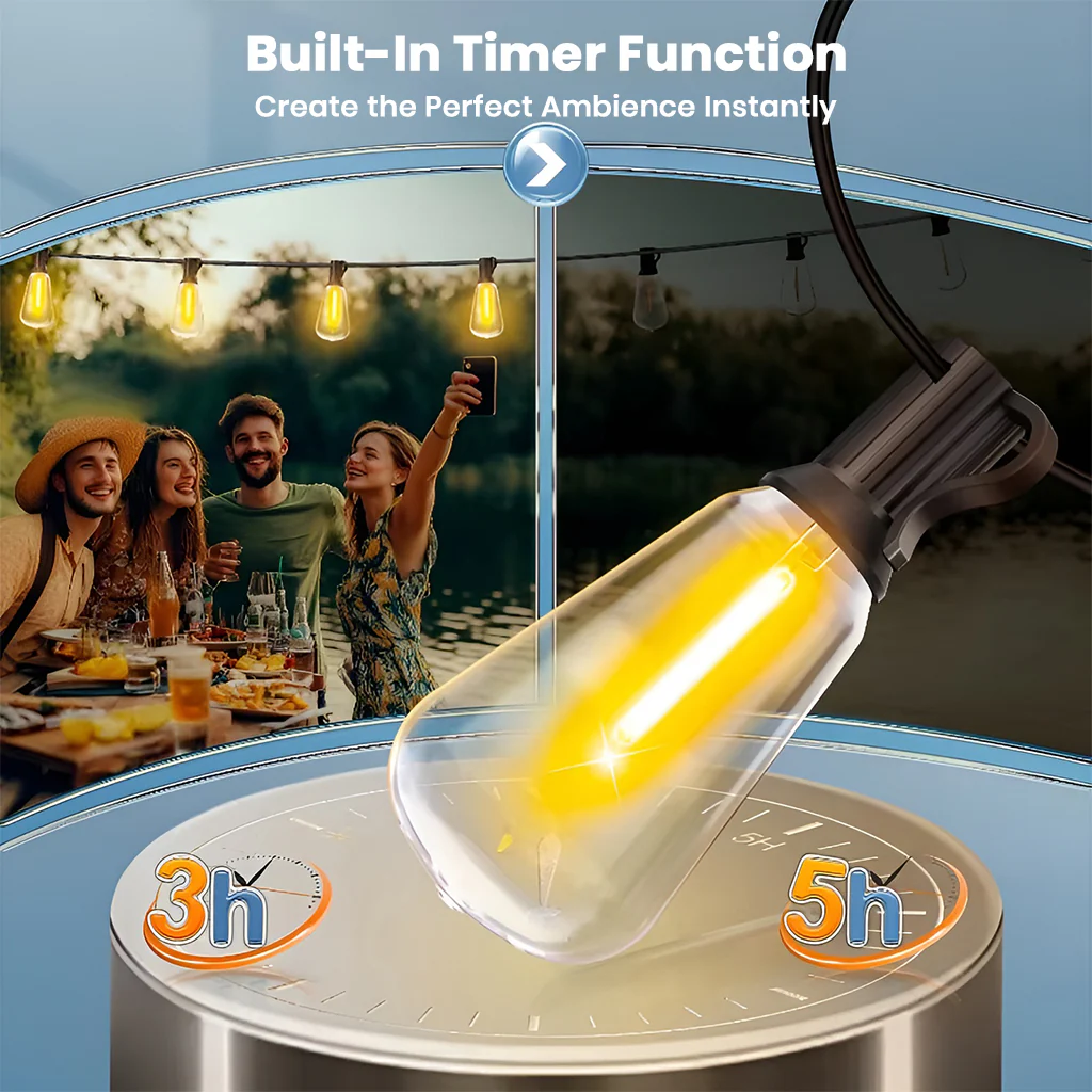 TECPHILE – ST38 50ft Outdoor String Lights Waterproof & Dimmable Bulbs - Image 3