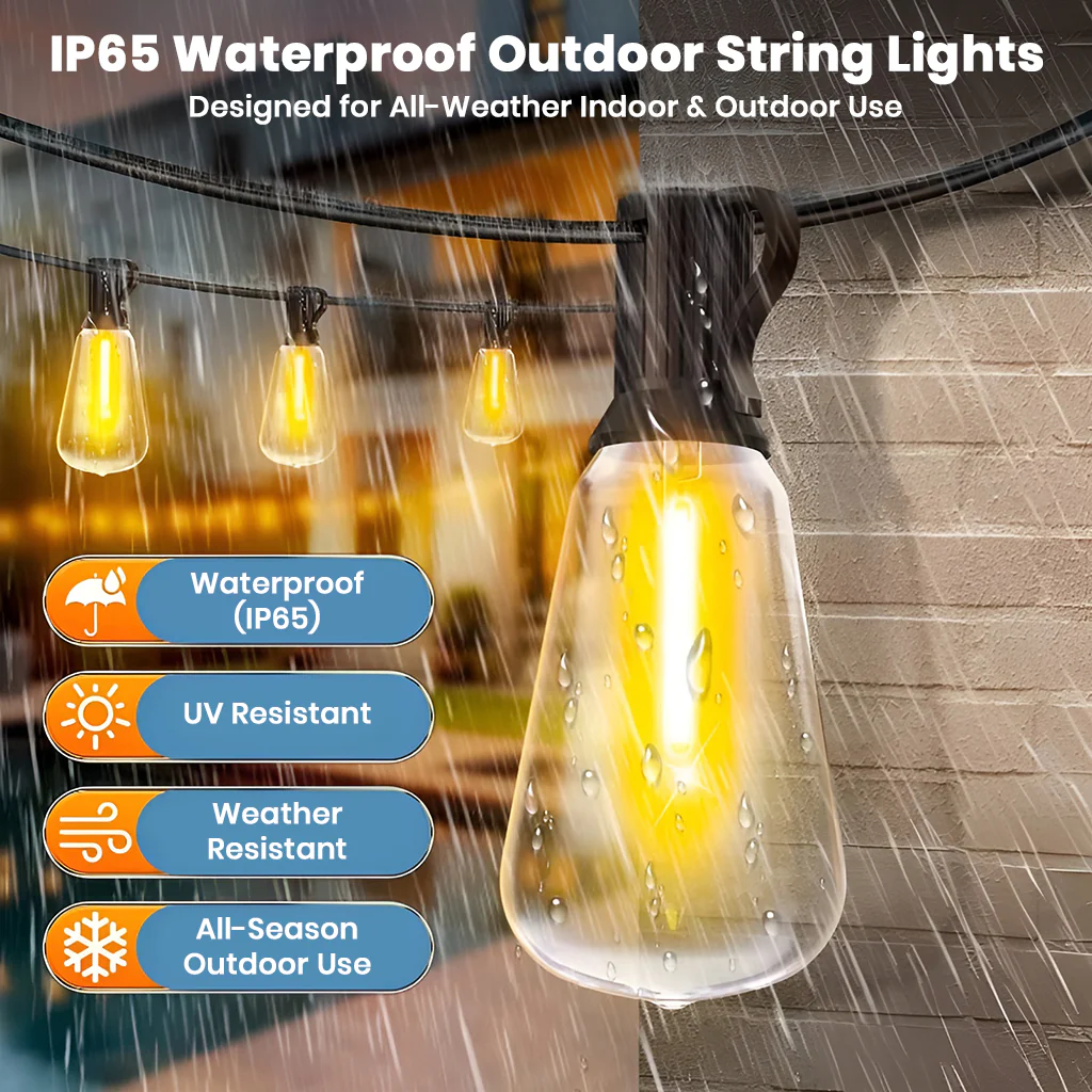 TECPHILE – ST38 50ft Outdoor String Lights Waterproof & Dimmable Bulbs - Image 5