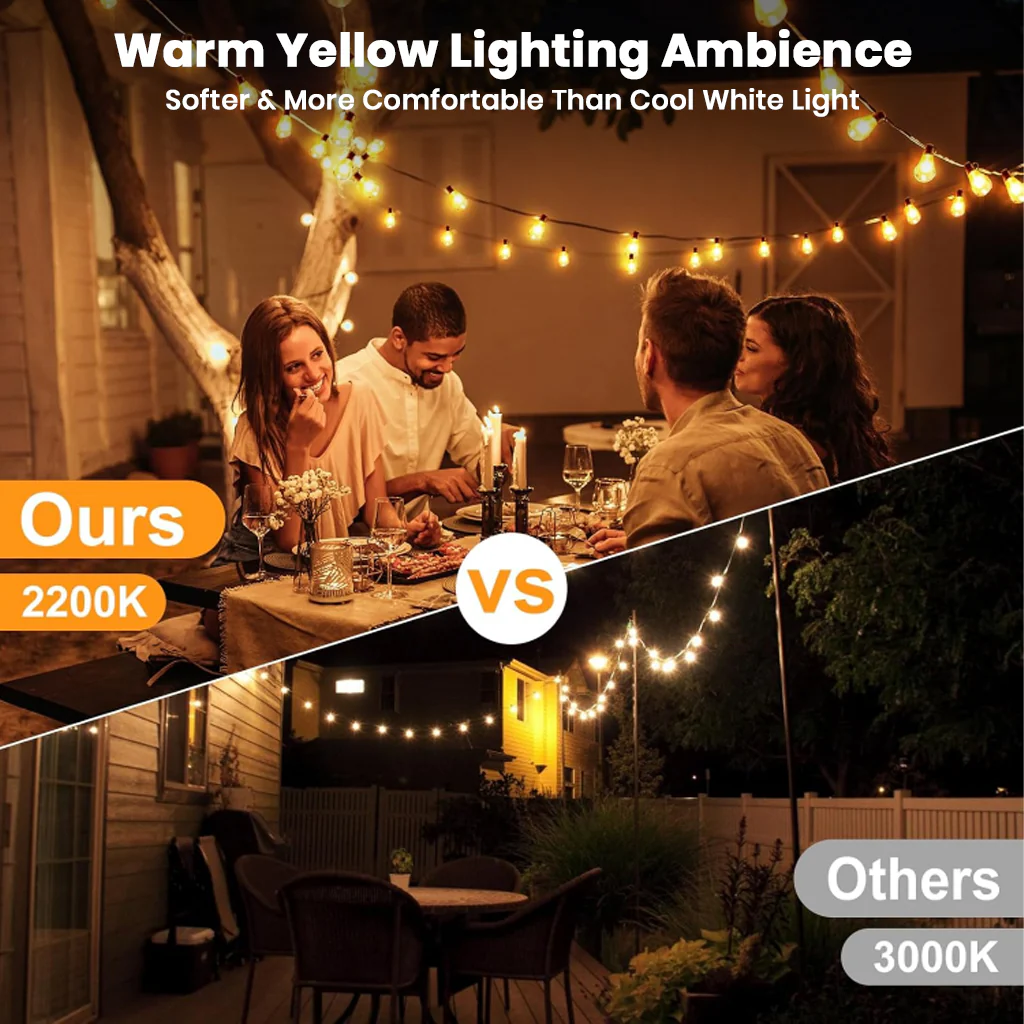 TECPHILE – ST38 50ft Outdoor String Lights Waterproof & Dimmable Bulbs - Image 9