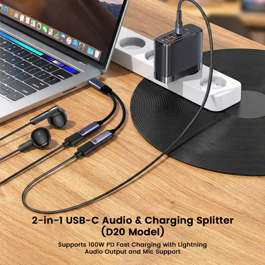 AUDIOCULAR D20 2-in-1 Type-C to Type-C 100W PD & Audio Female Lightning Port - Image 2