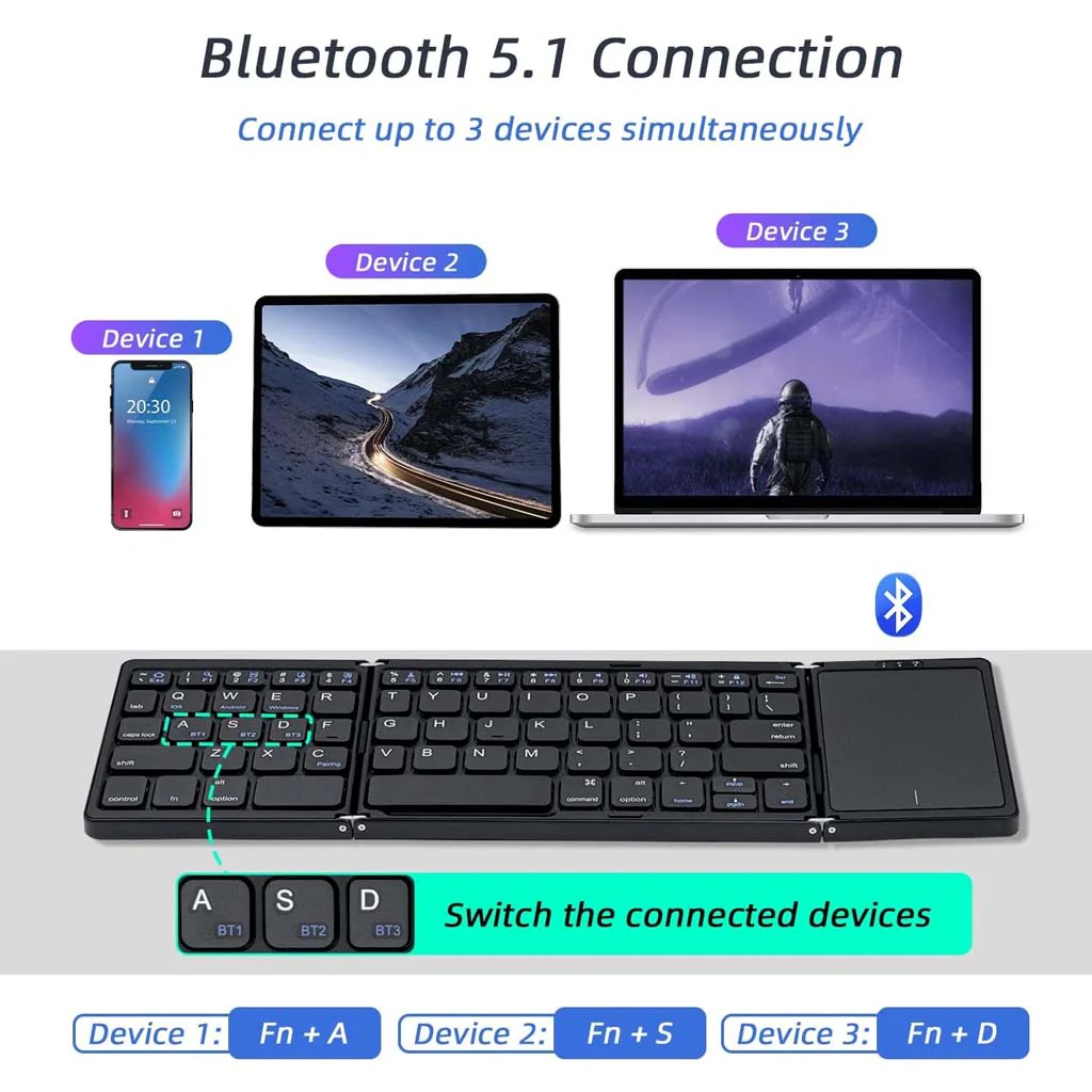 B089T Tri Fold Foldable Bluetooth Keyboard with Touchpad - Image 4