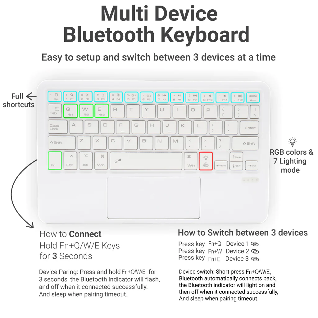 B102D Bluetooth Wireless Keyboard with Multi-Touch Trackpad, 7 Color Backlit - Image 16