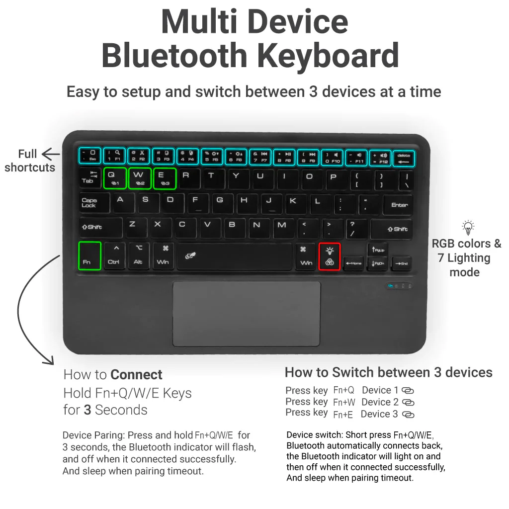B102D Bluetooth Wireless Keyboard with Multi-Touch Trackpad, 7 Color Backlit - Image 3