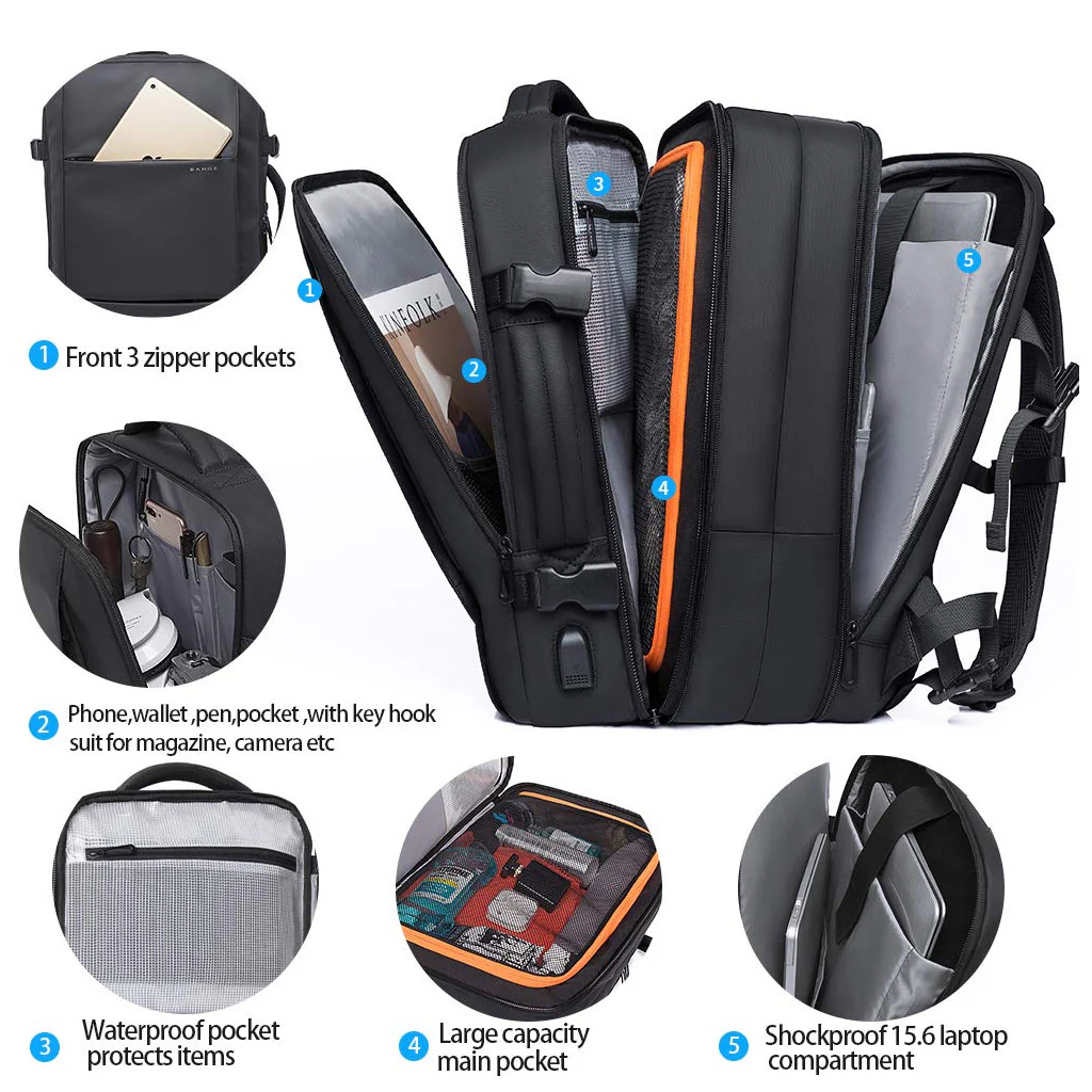 BANGE 1908D 55L Anti Theft Waterproof Large Capacity Expandable Laptop Backpack - Image 5