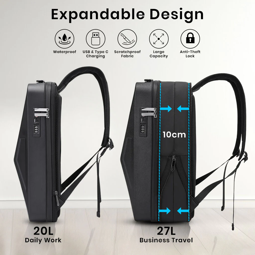 BANGE 2956 Anti Theft Hard Shell Laptop Backpack 20L-27L Expandable - Image 2