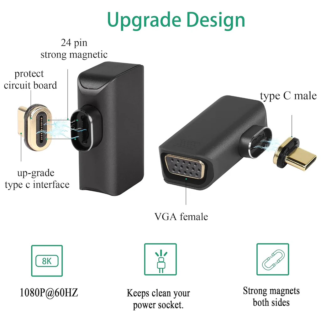 TECPHILE 1080P FHD Magnetic Type C to VGA Converter Adapter - Image 7