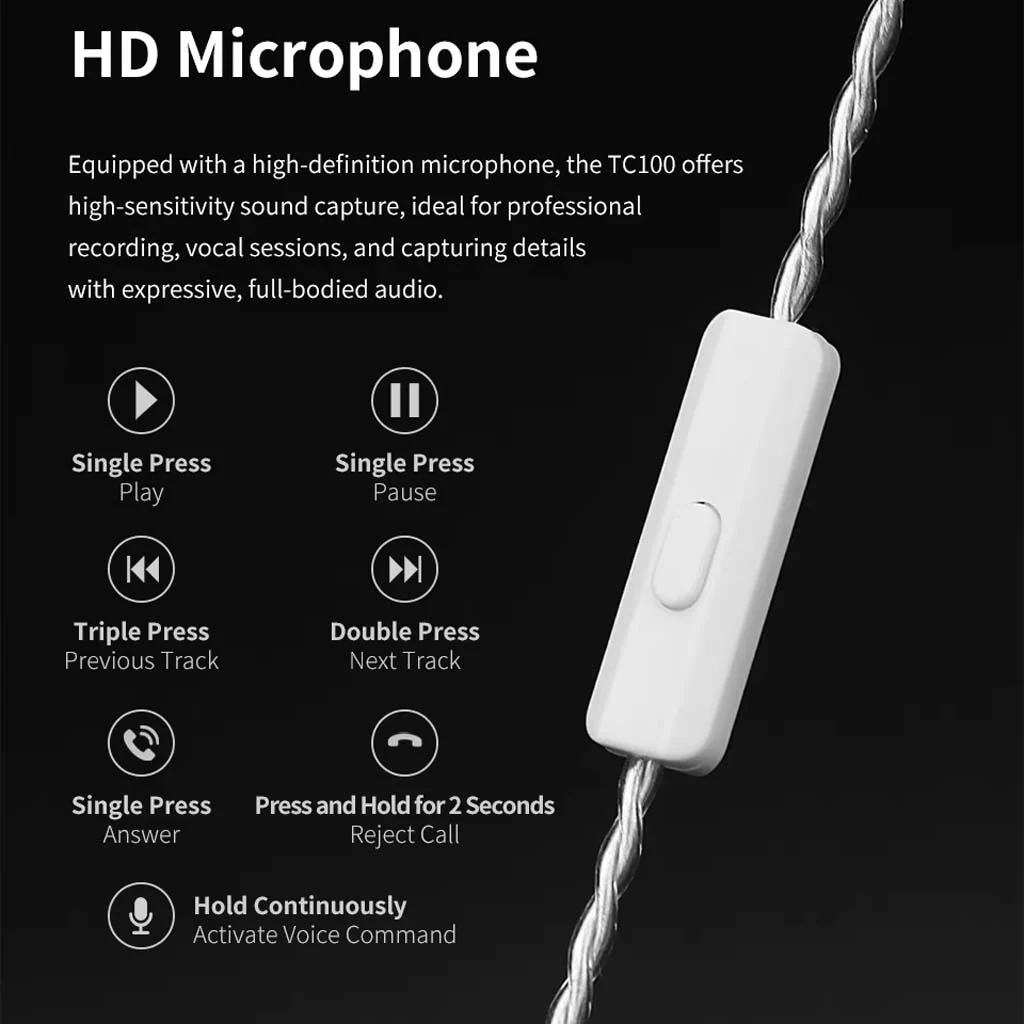 QKZ - TC100 IEM to USB Type-C Audio Cable with Inline HD Microphone - Image 9