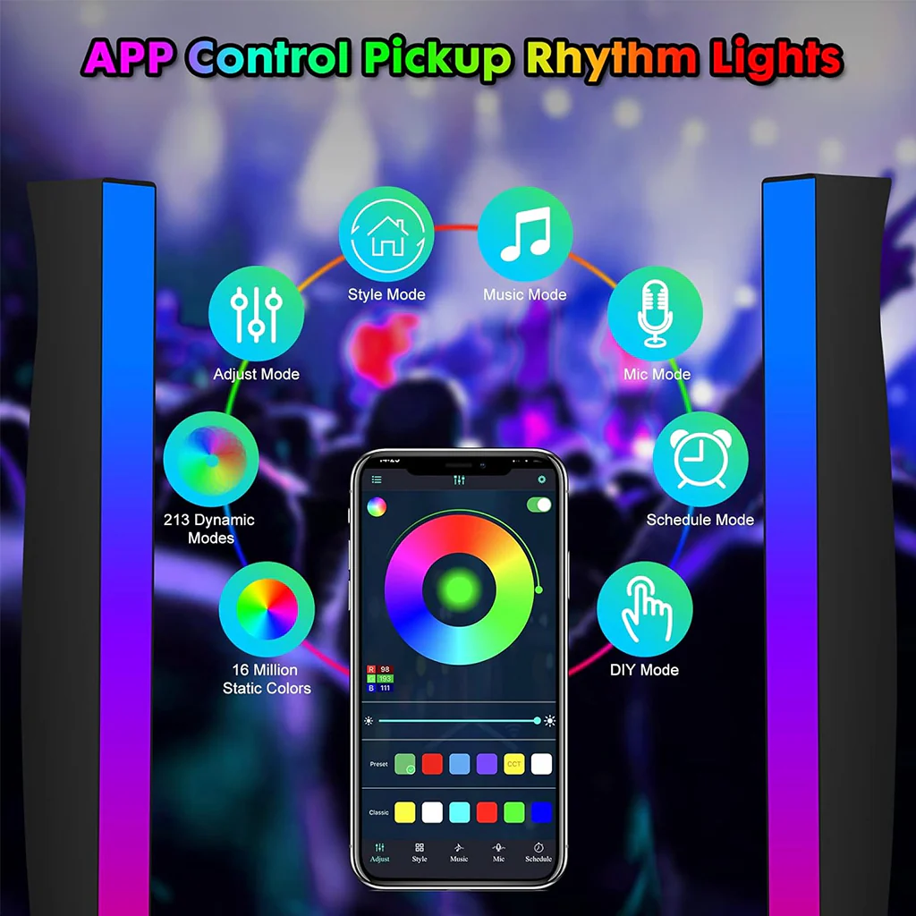 TECPHILE - RGBIC Rhythm Light Bar LED Light with Music Sync (Pair) - Image 2