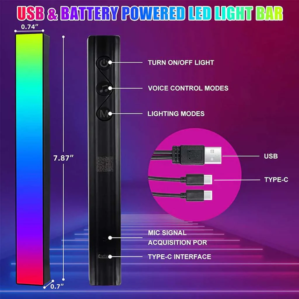 TECPHILE - RGBIC Rhythm Light Bar LED Light with Music Sync (Pair) - Image 7
