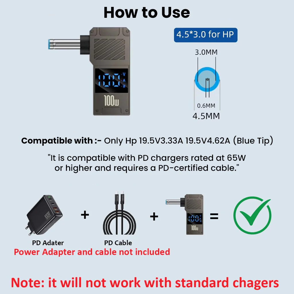 TECPHILE- 100W PD Type-C to DC Adapter with Digital Display for HP Laptop - Image 2