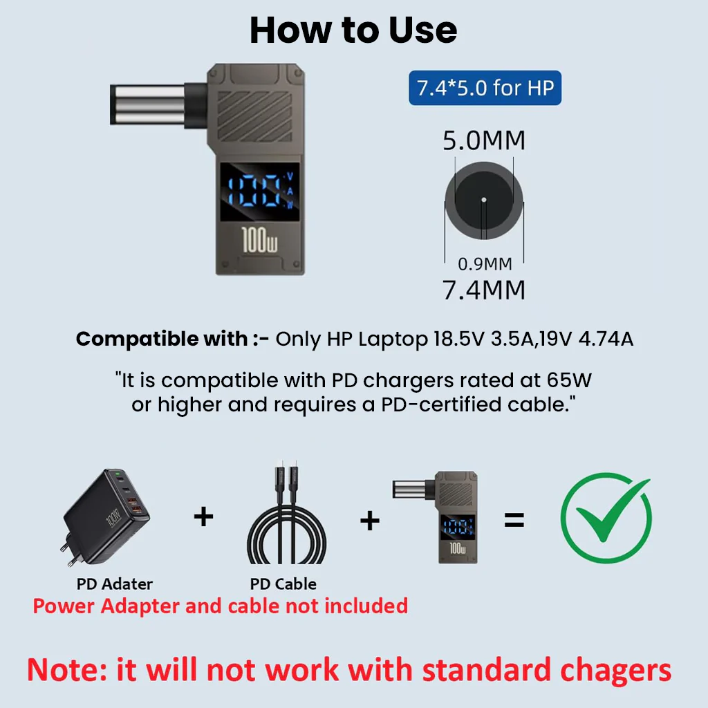 TECPHILE- 100W PD Type-C to DC Adapter with Digital Display for HP Laptop - Image 8