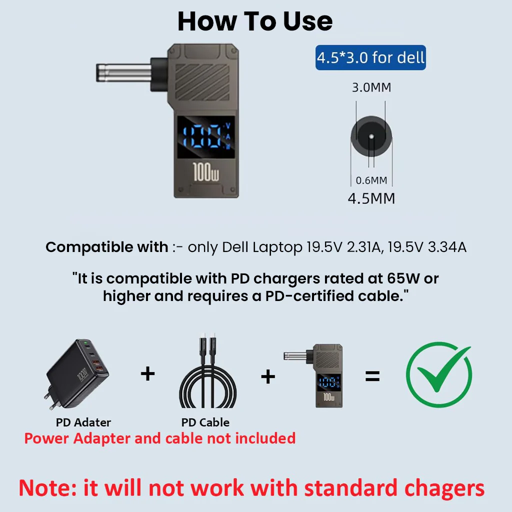 TECPHILE 100W PD USB C to DC Adapter with Digital Display for DELL Laptop - Image 6