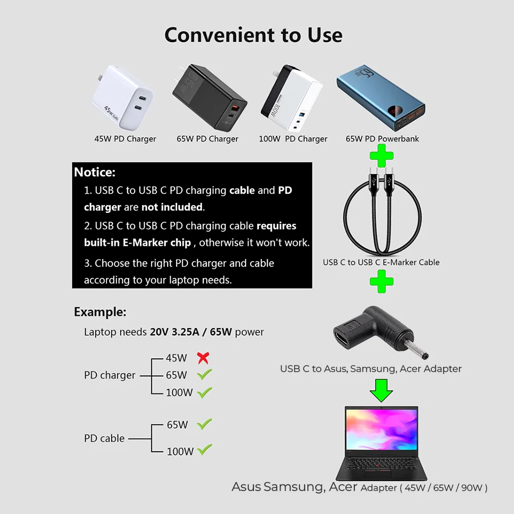 TECPHILE 100W Type C to Female Acer/ Asus/ Samsung Laptop Adapter - Image 4