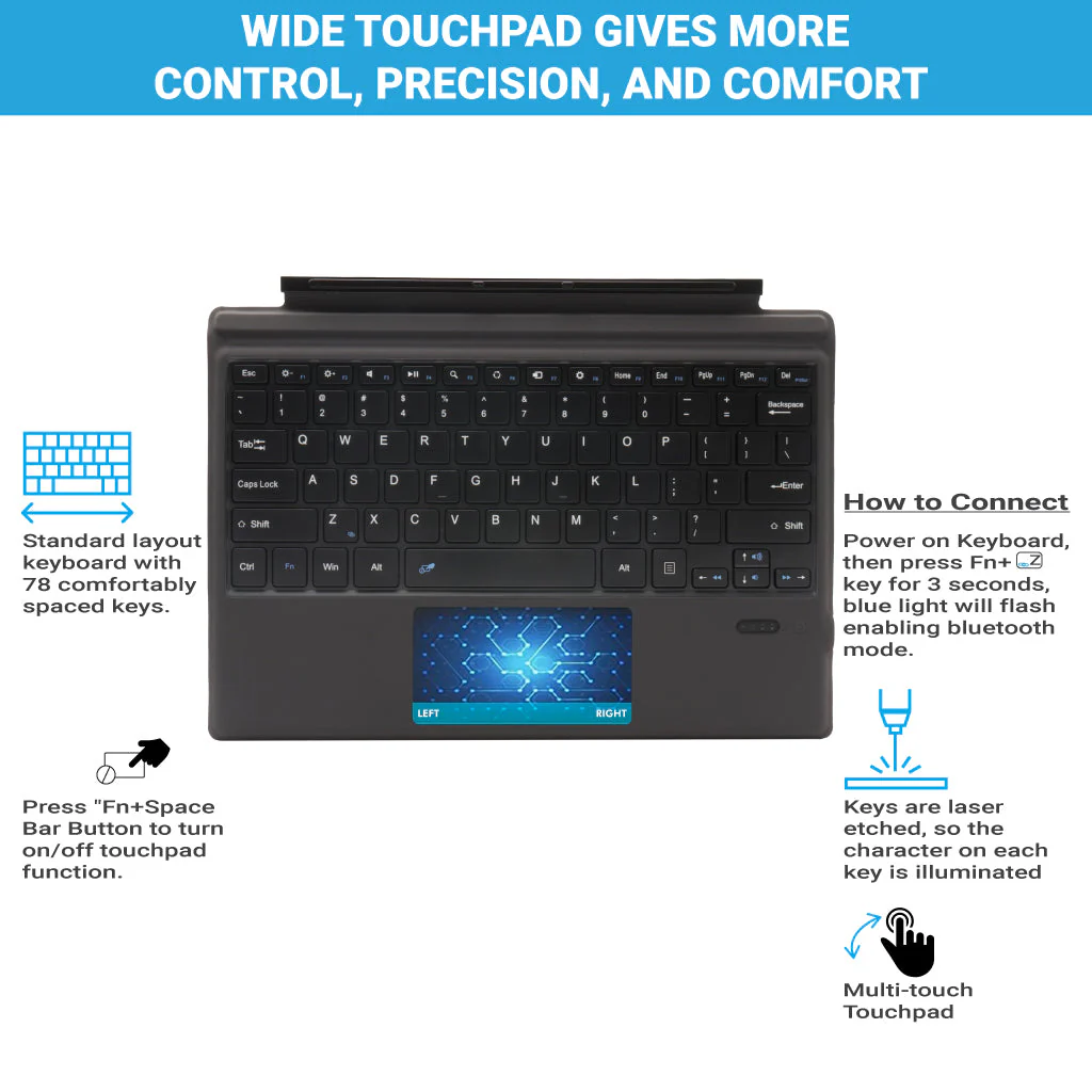 TECPHILE - 1089A-C-Wireless Magnetic Keyboard For Surface Pro 3,4,5,6,7 - Image 2