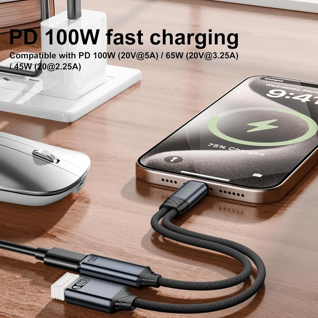 TECPHILE- 2-in-1 Type-C to 100W PD USB C/USB-A OTG Splitter Cable (13CM) - Image 6