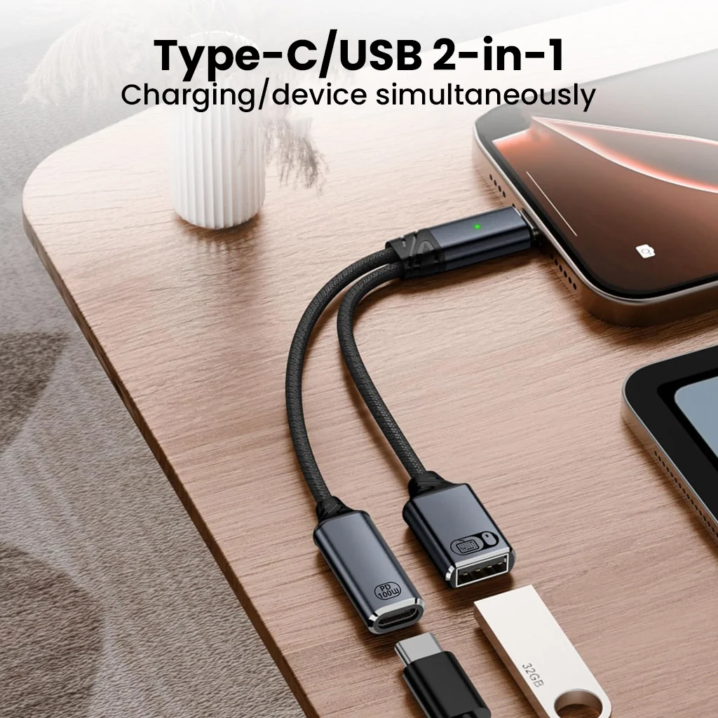 TECPHILE- 2-in-1 Type-C to 100W PD USB C/USB-A OTG Splitter Cable (13CM) - Image 8