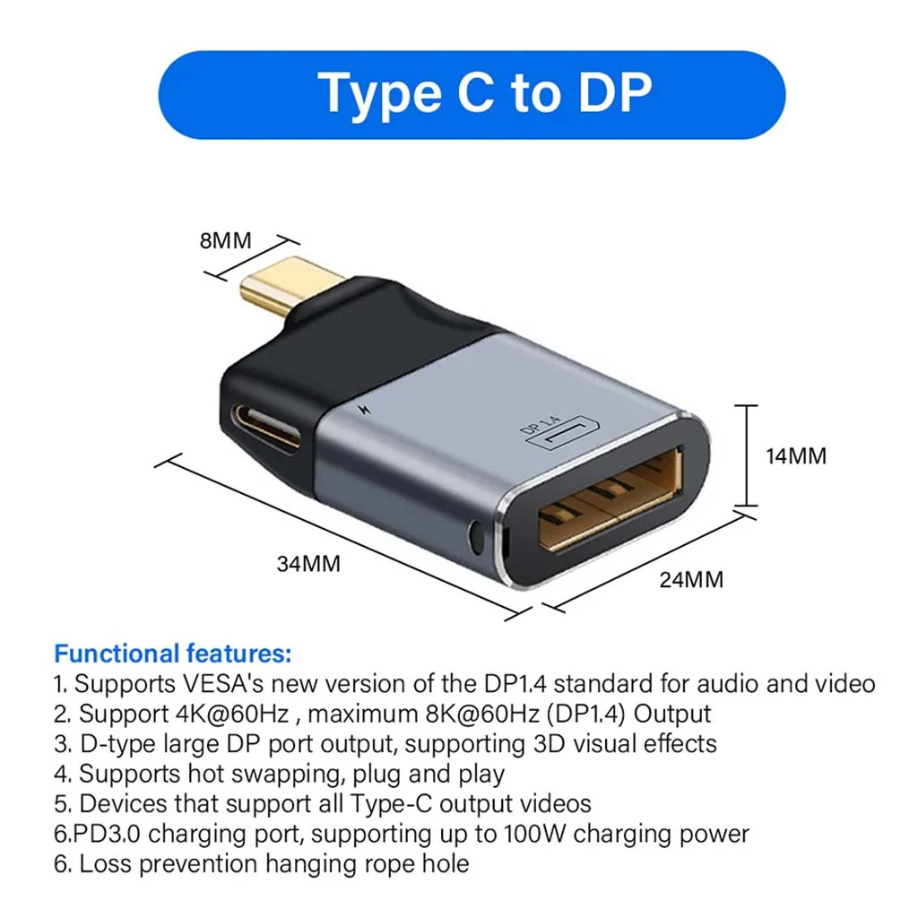 TECPHILE- 2-in-1 Type-C to DisplayPort 1.4 + Type-C 100W PD Adapter - Image 5