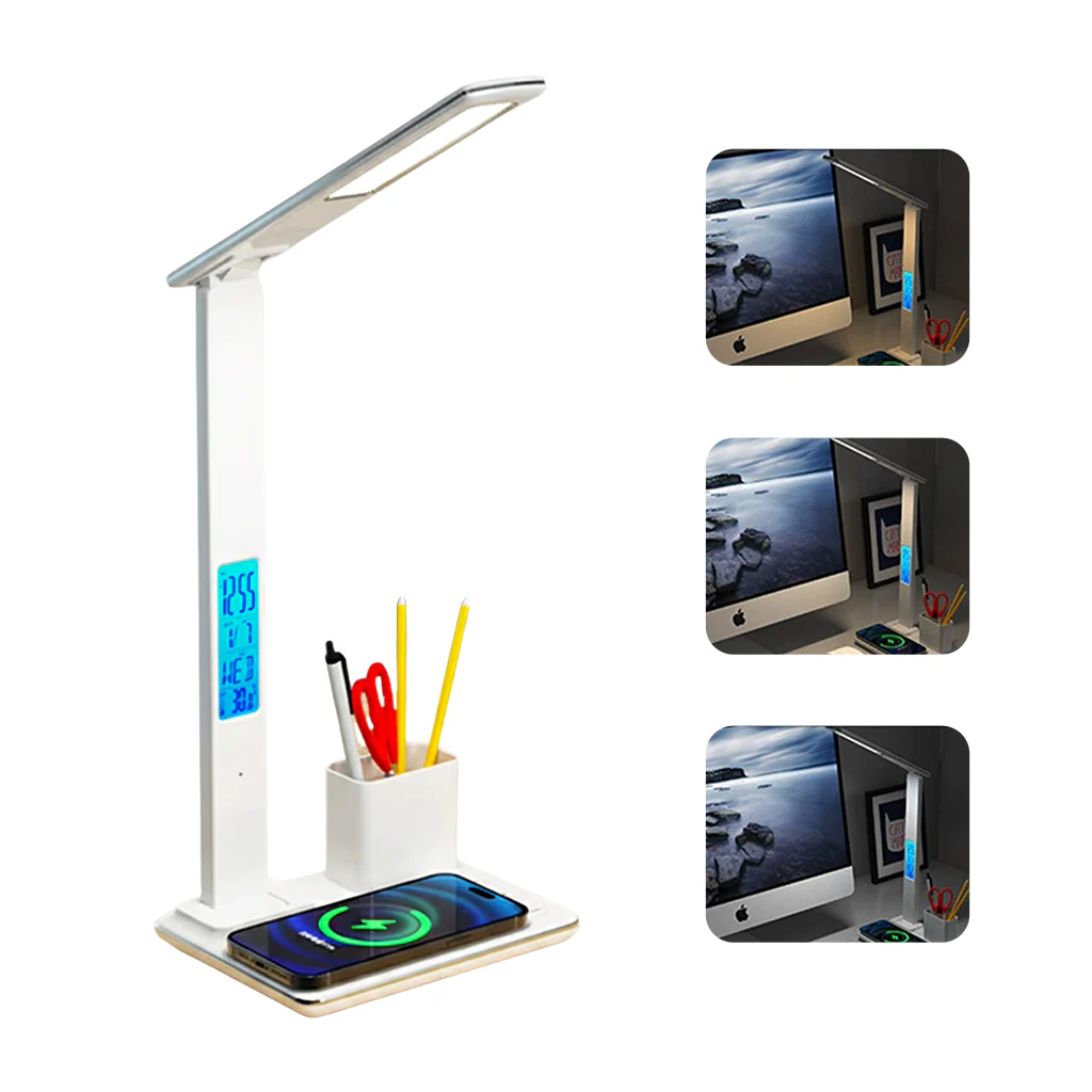 TECPHILE 4-in-1 Smart Study Desk Lamp with Clock, Wireless Charging & Pen Holder