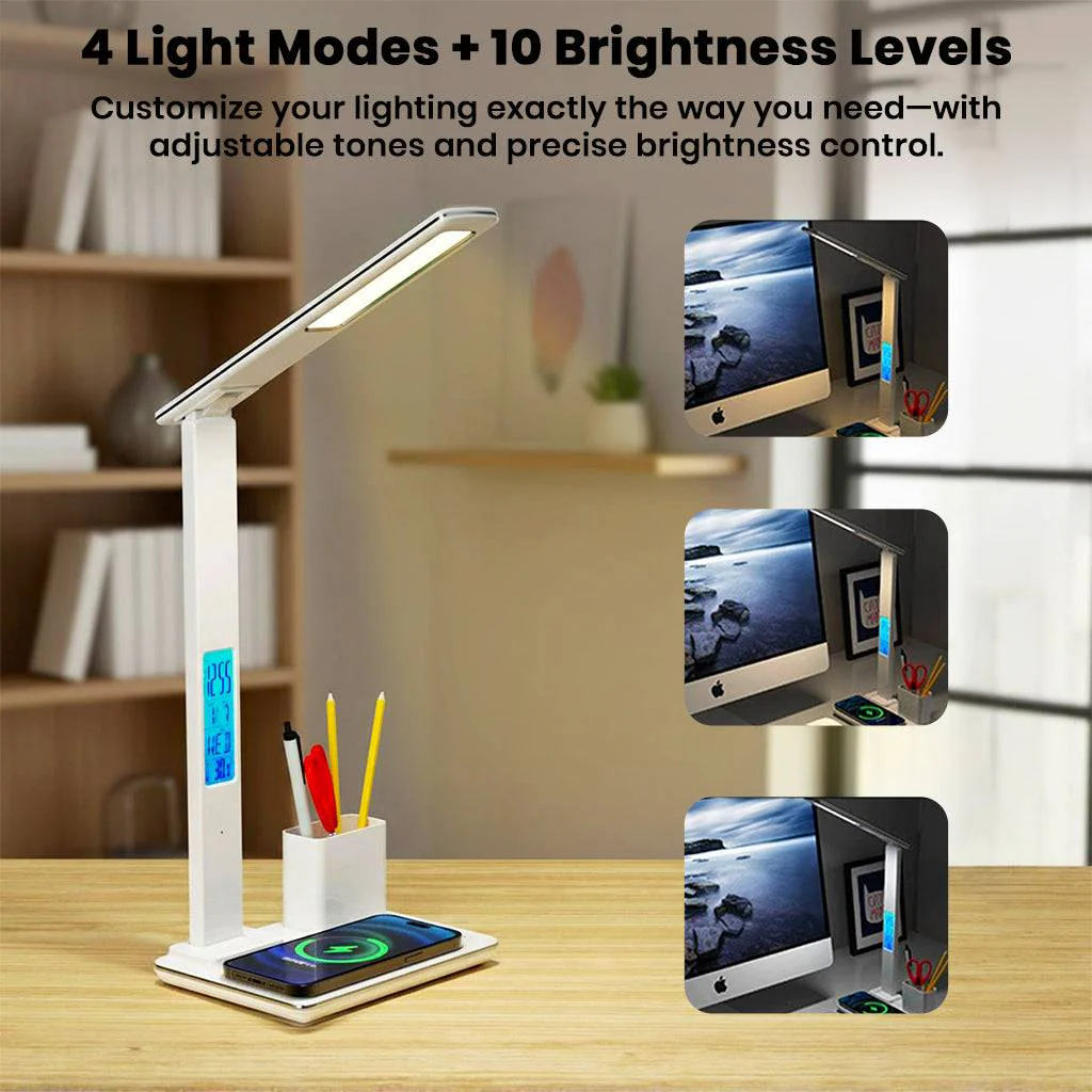 TECPHILE 4-in-1 Smart Study Desk Lamp with Clock, Wireless Charging & Pen Holder - Image 2