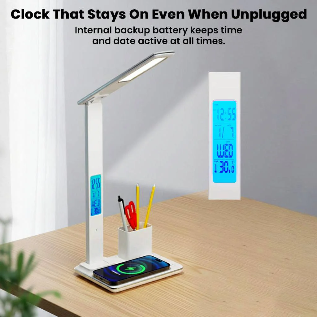 TECPHILE 4-in-1 Smart Study Desk Lamp with Clock, Wireless Charging & Pen Holder - Image 6