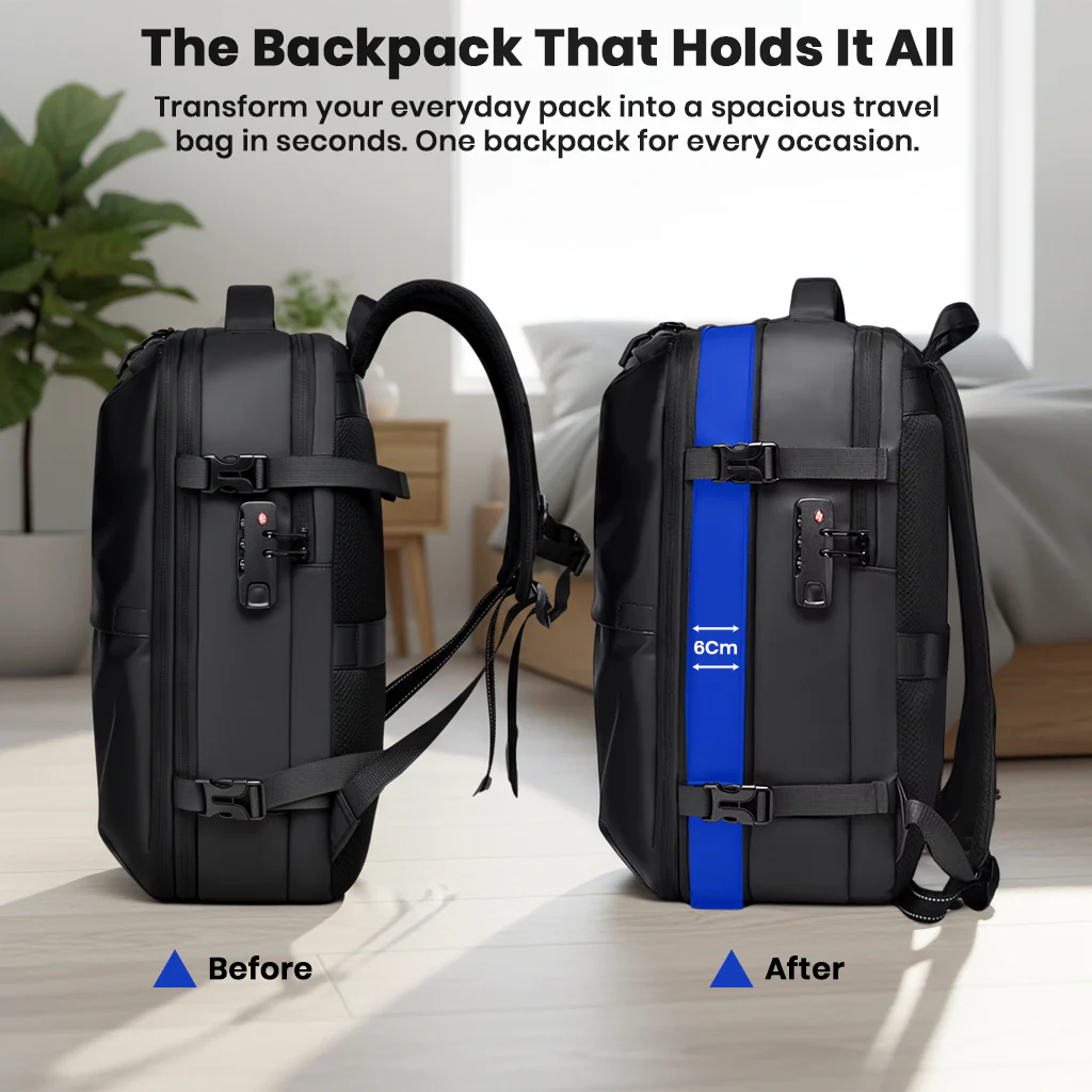TECPHILE – AirVolt Vacuum Backpack Travel Laptop Bag 55L Expandable - Image 4