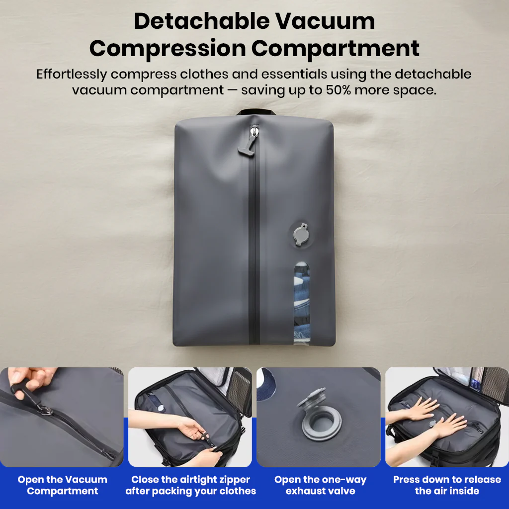TECPHILE – AirVolt Vacuum Backpack Travel Laptop Bag 55L Expandable - Image 8