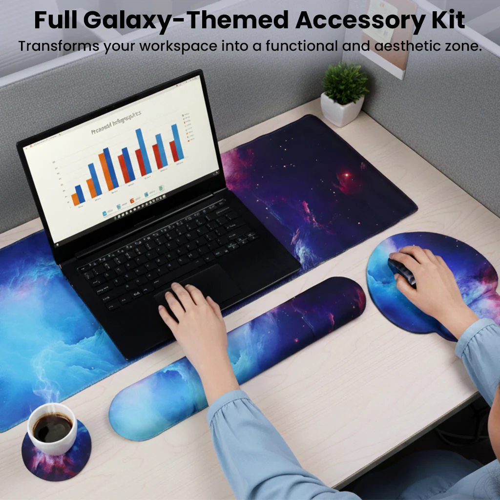 TECPHILE – Ergonomic Gel Mouse Pad, Keyboard Wrist Support, Coaster & Desk Mat Set Galaxy Design - Image 9