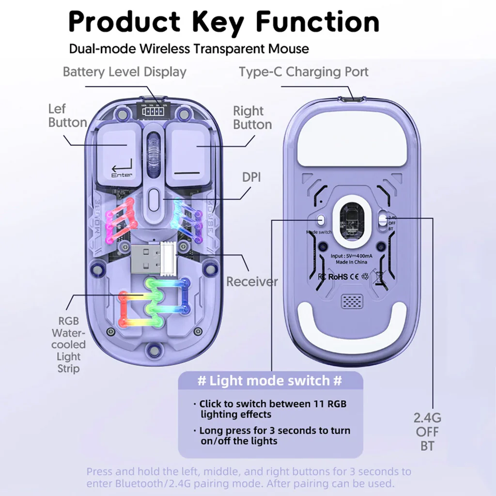 TECPHILE - M111 Transparent Dual Mode Wireless Bluetooth Mouse - Image 8