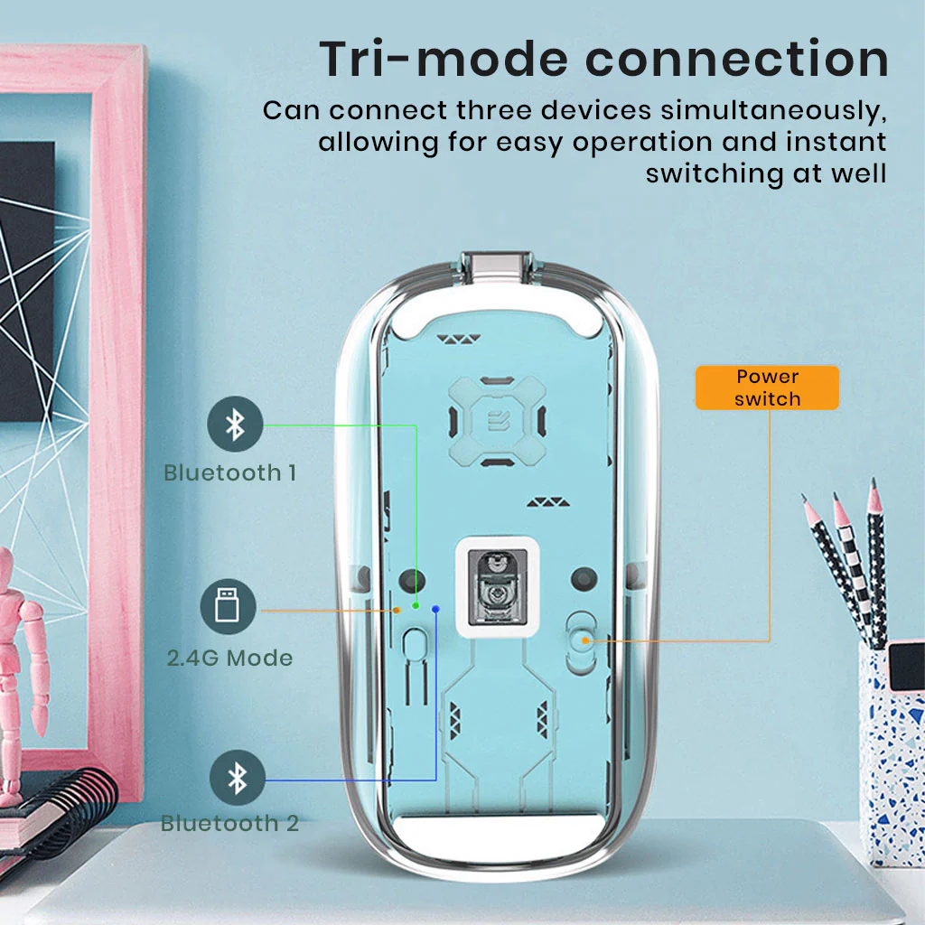 TECPHILE M133 Transparent Wireless RGB Mouse, Tri-Mode Connectivity - Image 10