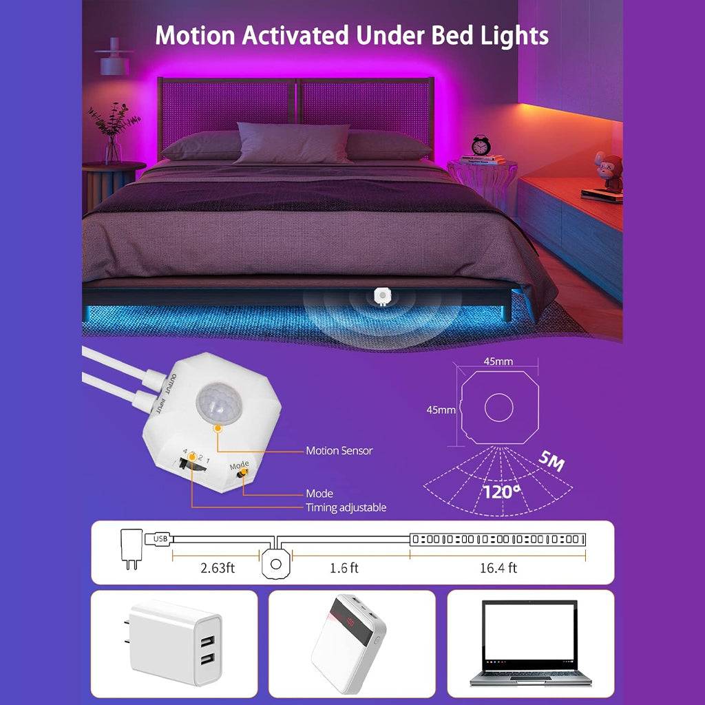 TECPHILE Motion Sensor 5m RGB LED Strip Light with App Control - Image 2