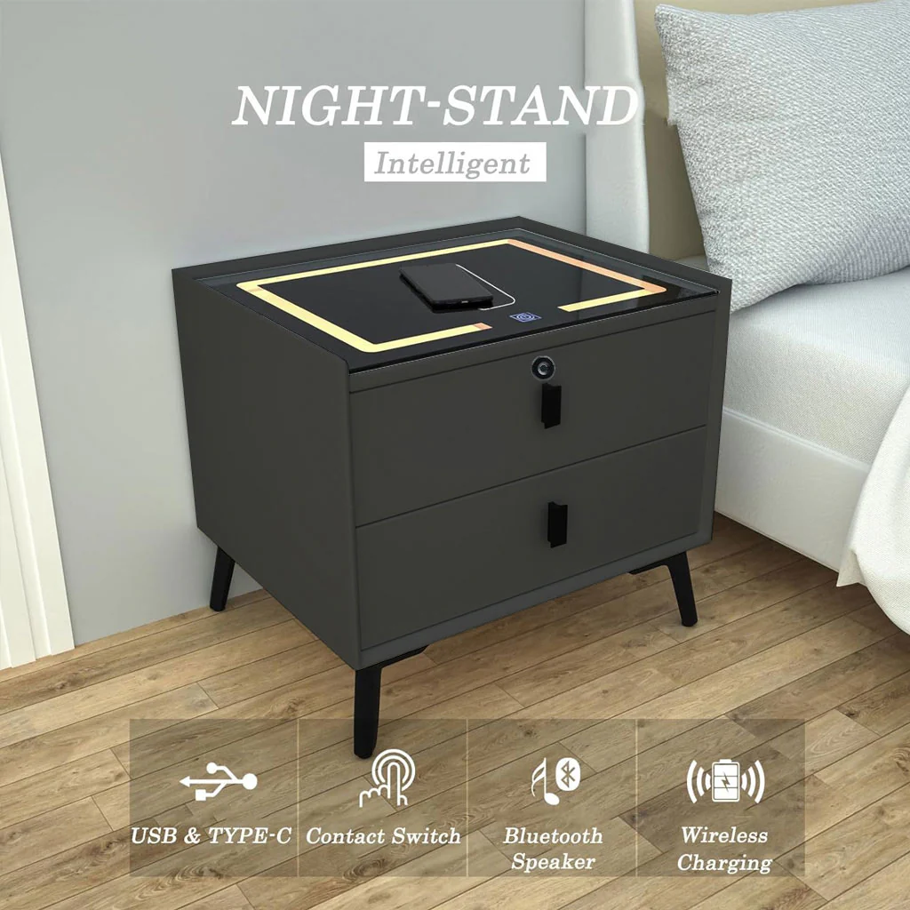 TECPHILE Smart Bedside Table with Wireless Charging, Fingerprint Lock, PIR Sensor - Image 6