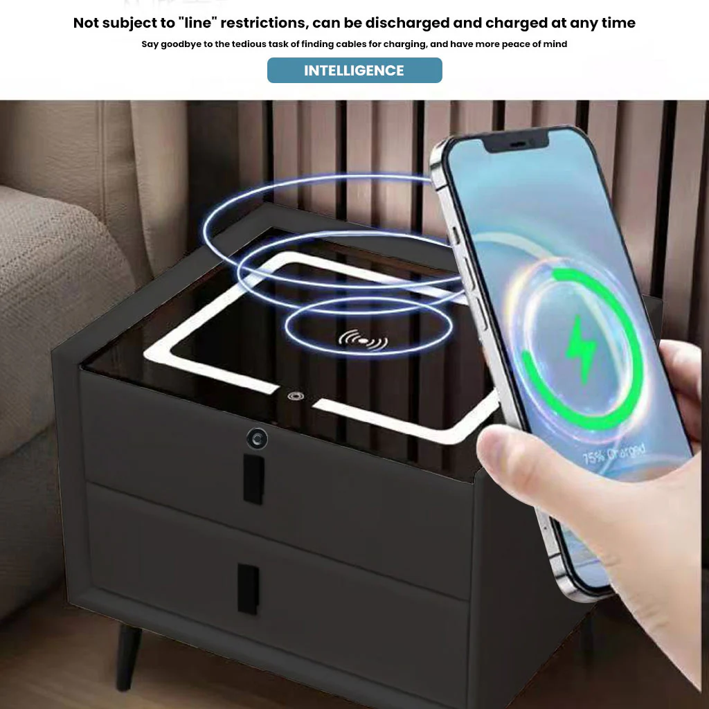 TECPHILE Smart Bedside Table with Wireless Charging, Fingerprint Lock, PIR Sensor - Image 8