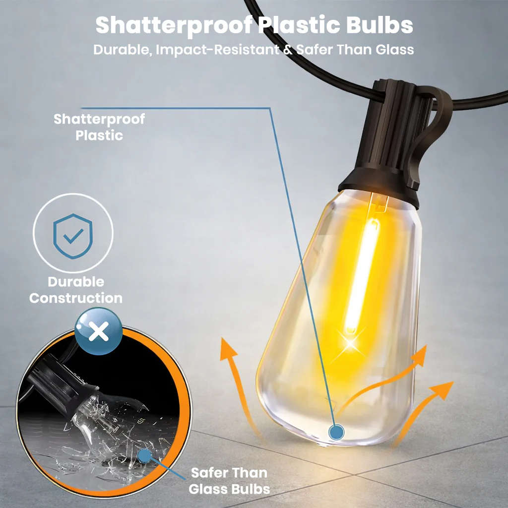 TECPHILE – ST38 50ft Outdoor String Lights Waterproof & Shatterproof Bulbs - Image 2