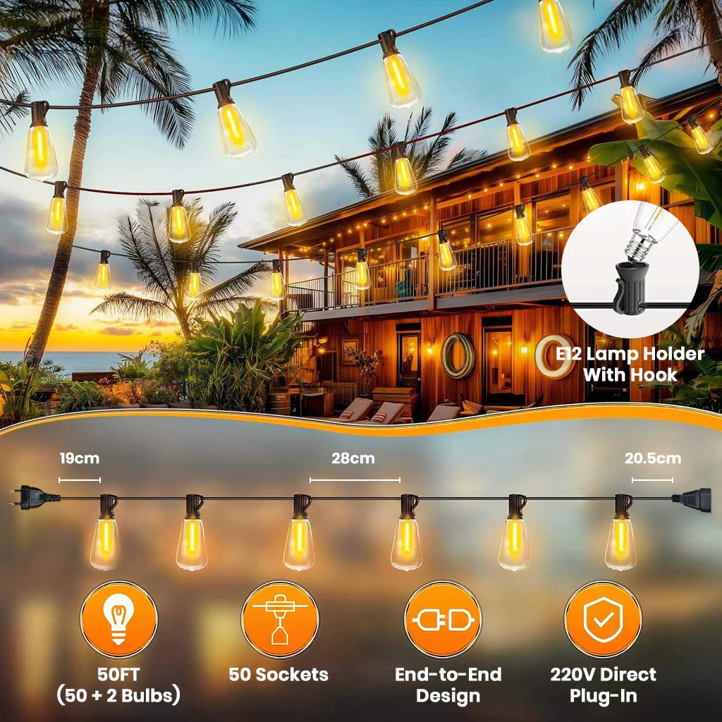 TECPHILE – ST38 50ft Outdoor String Lights Waterproof & Shatterproof Bulbs - Image 6