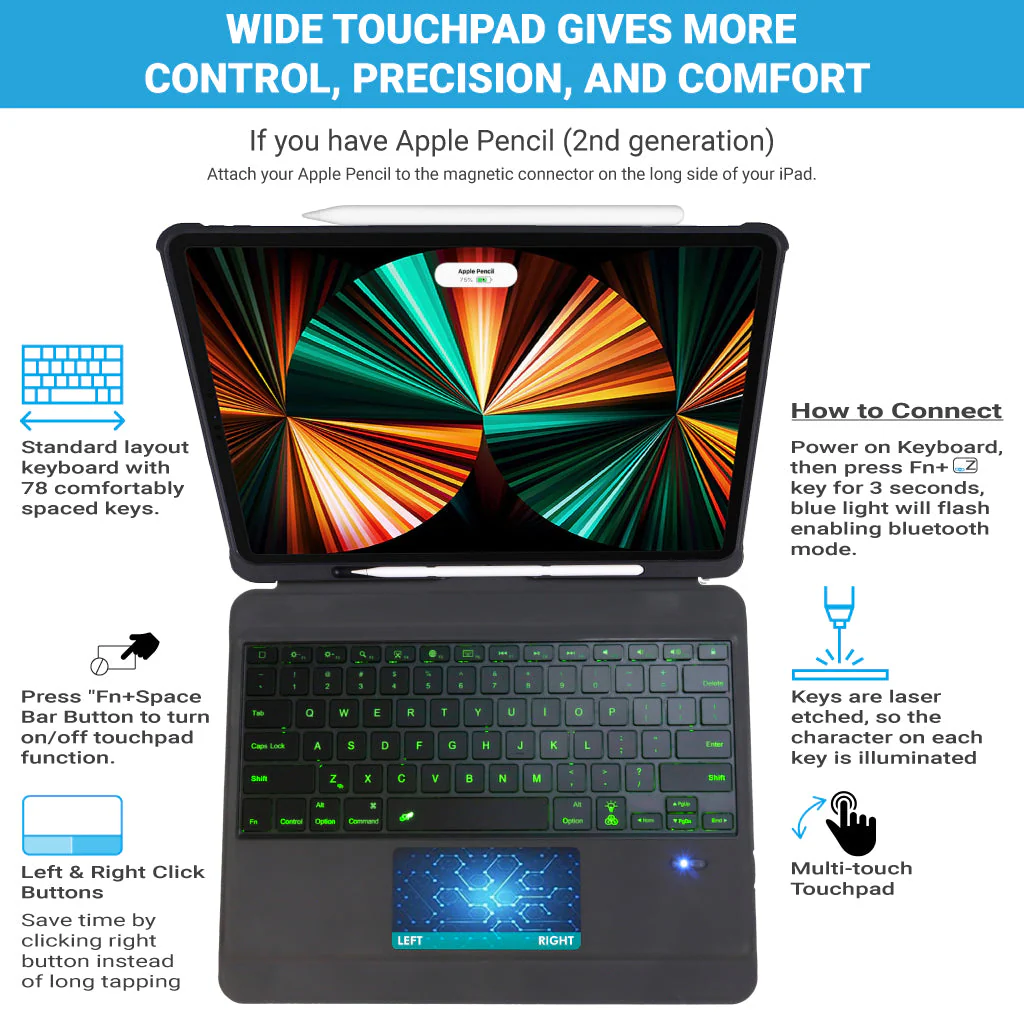 TECPHILE - T5209D Wireless Keyboard Case for iPad Pro 12.9 - Image 3